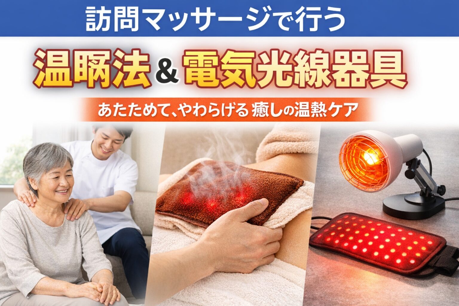 訪問マッサージにおける温罨法と電気光線器具（赤外線ランプ・LEDパッド）のイメージ